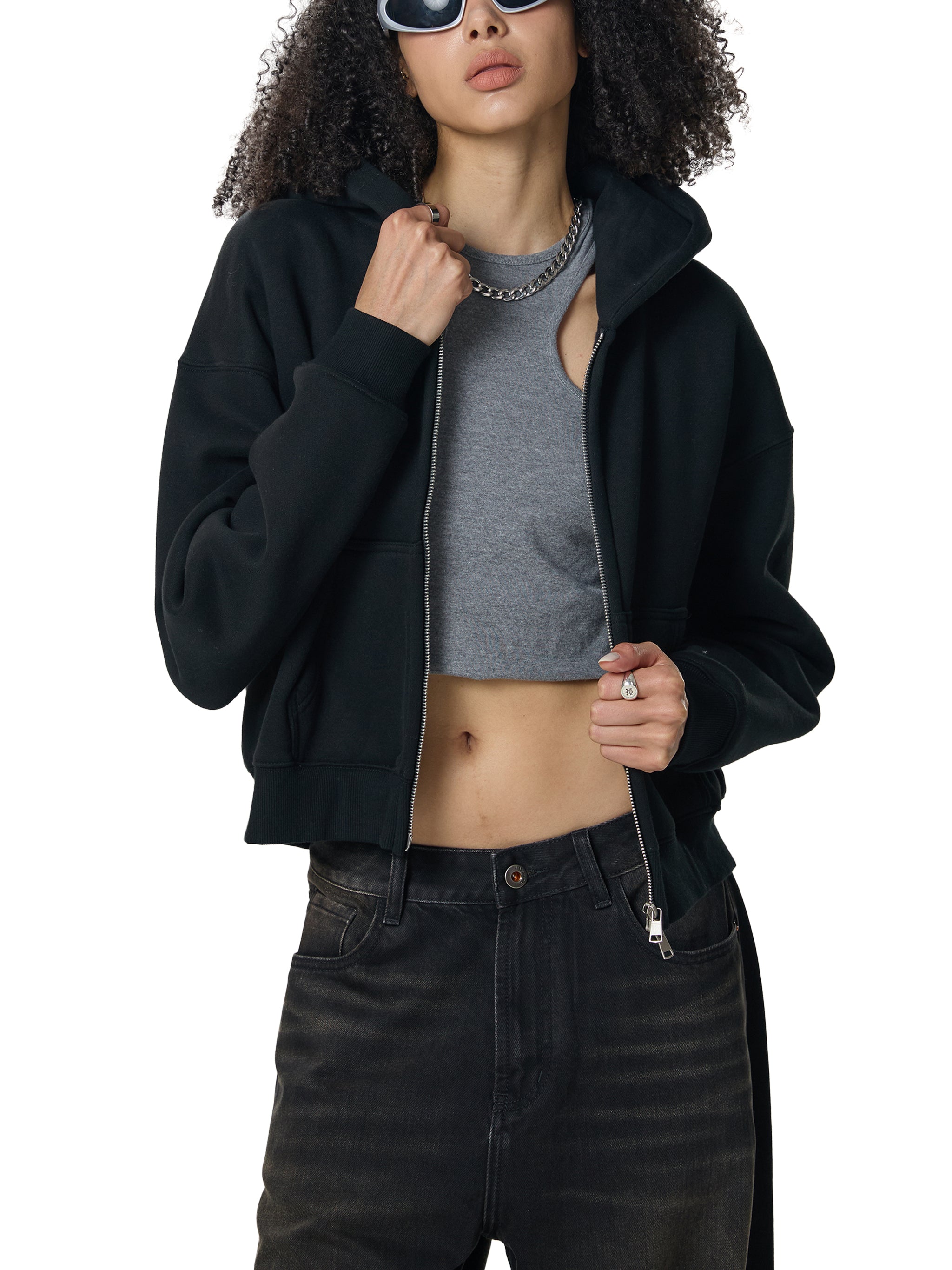 Fleeced Zip-Up Cropped Hoodie