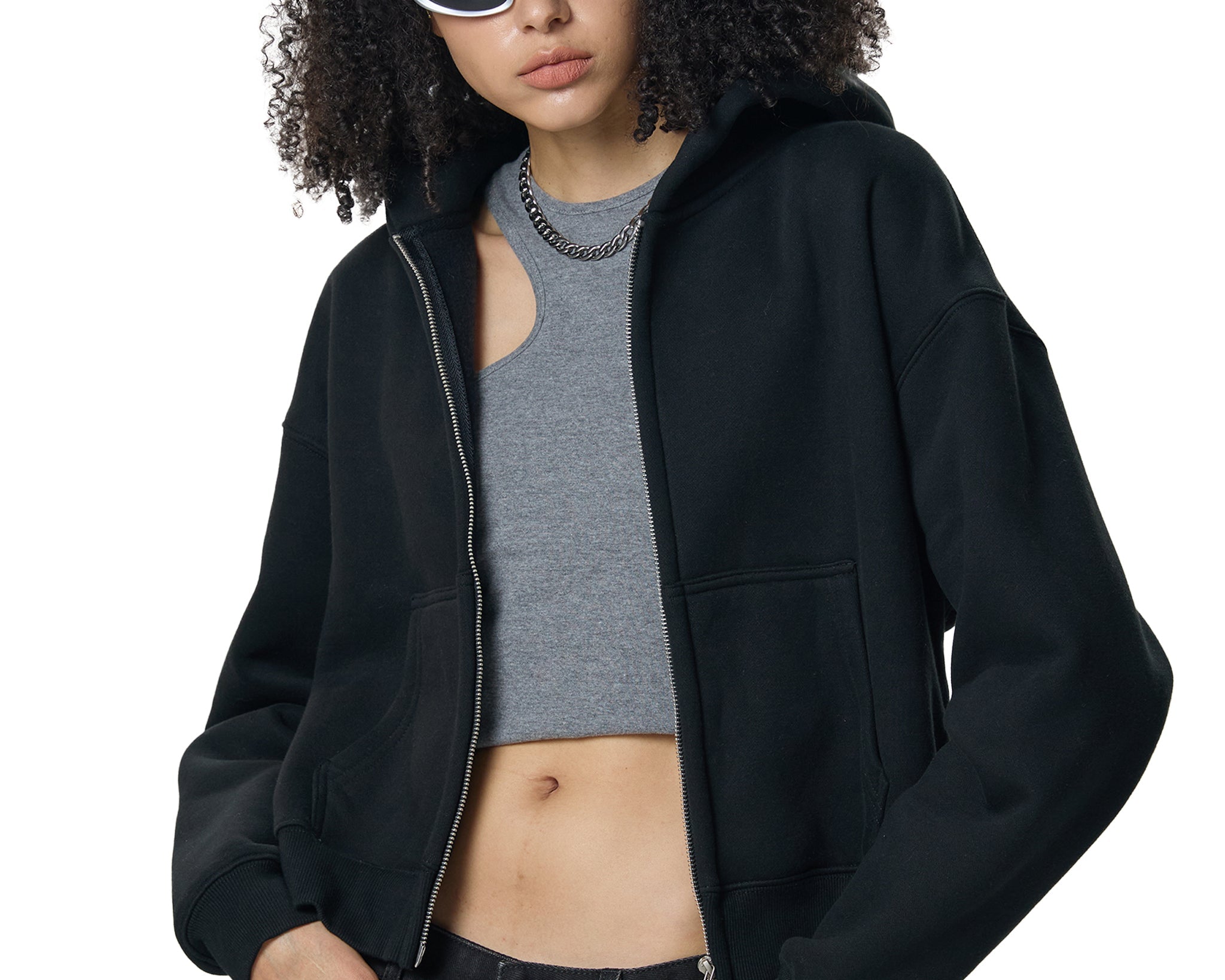 Fleeced Zip-Up Cropped Hoodie
