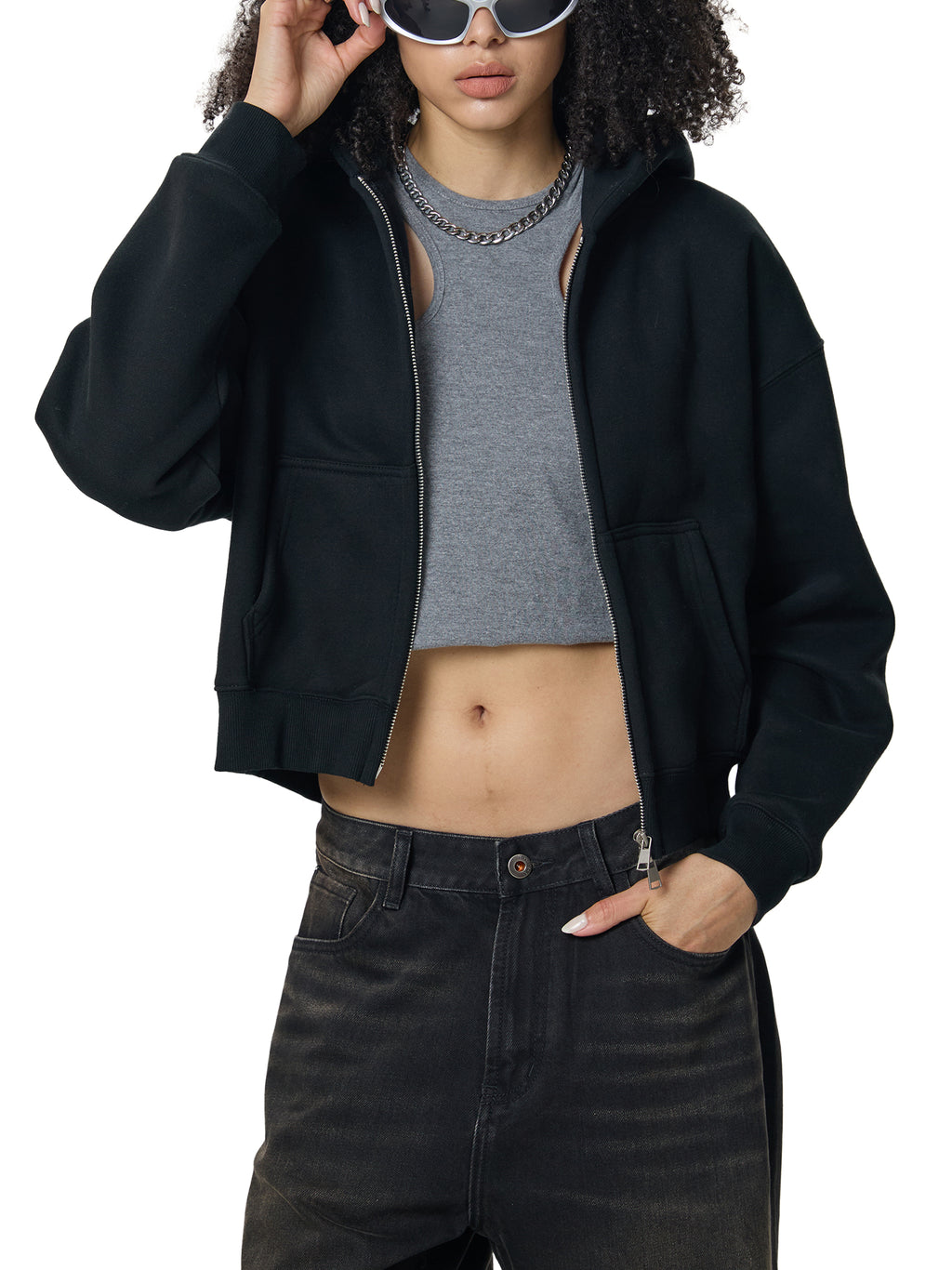 Fleeced Zip-Up Cropped Hoodie